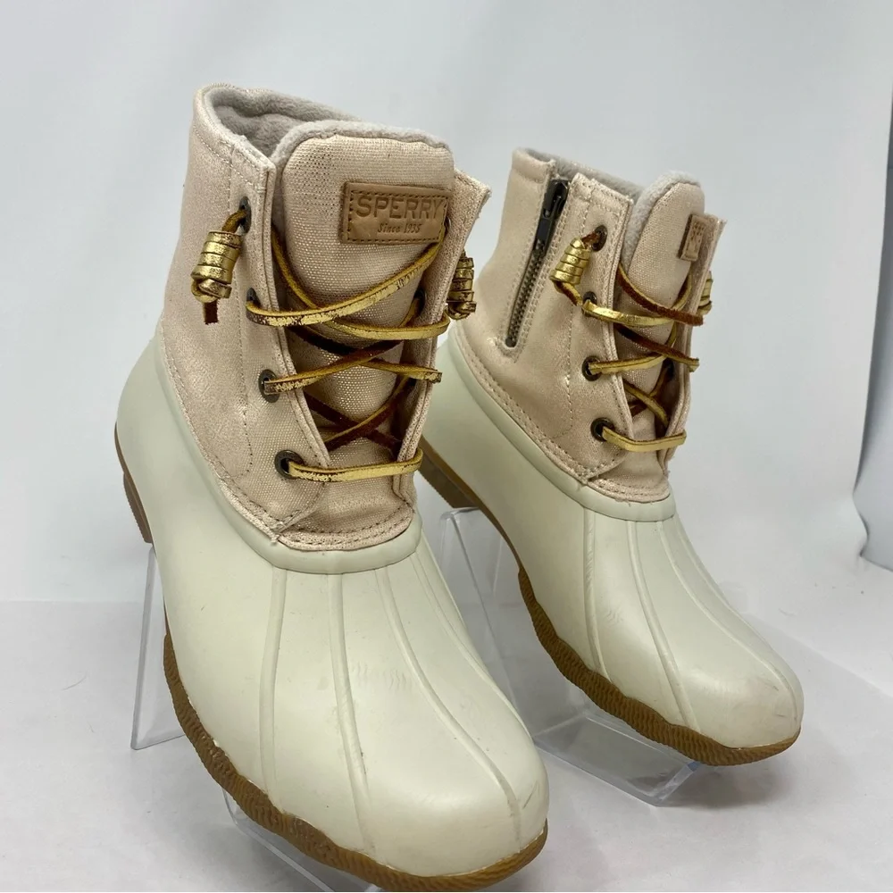 Sperry Saltwater Ivory Gold Waterproof Fleece Duck Boots Sz 6